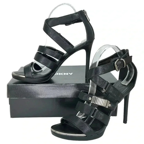 Dkny Shoes - DKNY Deb Black Strappy Faux Leather Womens Heels Size 10M
